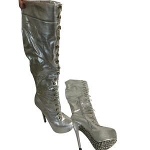 Ami Club wear Silver stiletto knee boots 6.5 with silver see pics for flaws